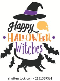 Happy Halloween witches cat bat hat witchy vector illustration. Halloween background