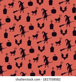 happy halloween witches flying and graveyards with pumpkins pattern vector illustration design