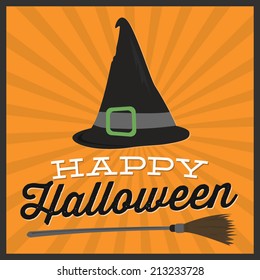 Happy Halloween Witches Hat and Broom Vector