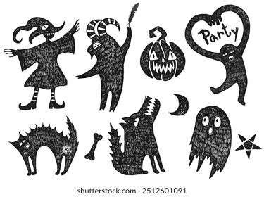 Happy Halloween, Witches Sabbath. Party of monsters, vector set for All Saints Day.