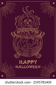 Happy halloween. Witchs cauldron with bubbling potion. Toxic vapor in the form of a skull. Retro lettering with bones. Vintage illustration in engraving style. For posters, postcards, banners.