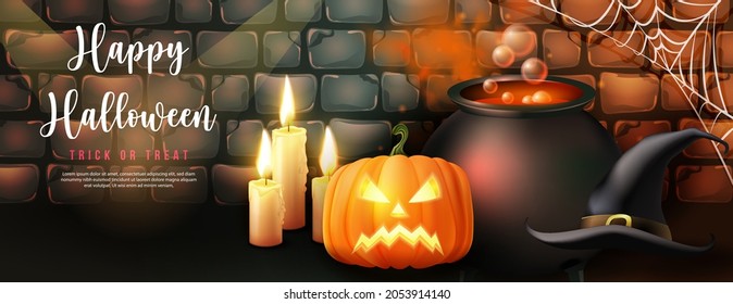 Happy halloween witch's magic poison pot and hat candle pumpkin lantern with vintage retro brick wall background