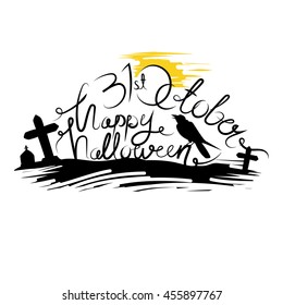 Happy Halloween Wording Crow, Moon and Grave, Hand Drawn Style