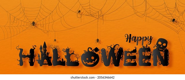 Happy Halloween wording design in paper cut out style with black spider webs on paper pattern and orange background.