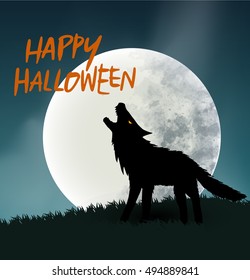 Happy Halloween wording with full moon and haunting wolf for poster, card and banner design in vector illustration format