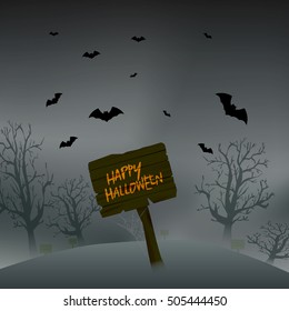 Happy Halloween wording on wooden signboard in graveyard with bat.Concept for Halloween poster, invitation card and banner in vector illustration