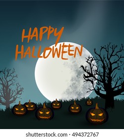Happy Halloween wording with pumpkin and full moon for poster, card and banner design in vector illustration format