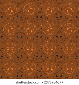 Happy halloween wrapping paper with line pumpkins and dots. Seamless pattern with angry pumpkin for kids background, fabric, posters, textile