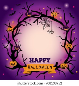 Happy halloween wreath design with branch and pumpkin on dark purple background.