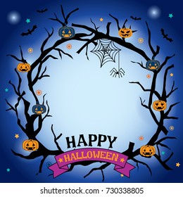 Happy halloween wreath design with branch and pumpkin on dark blue background.
