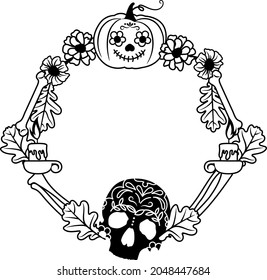 Happy halloween wreath design. Template for greeting card, party invitation, banner, postcard, poster, T-shirt. Isolated on white background.