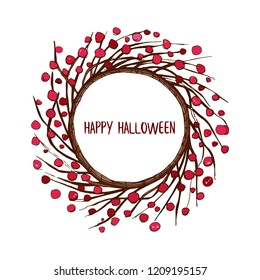 Happy Halloween wreath frame with branches and cranberries, hand drawn sketch, vector illustration  