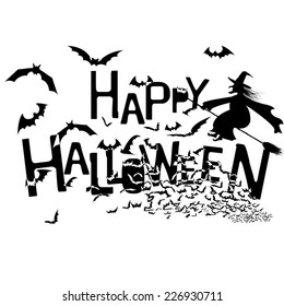 Happy Halloween writing surrounded by many black bats and a witch's silhuouette. All in black and white. 