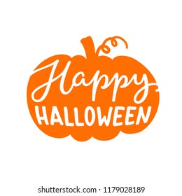 Happy Halloween written in carved pumpkin. Orange Jack O Lantern silhouette for Halloween holiday celebration. Trick or treat decor design. Simple handwriting vector illustration. Pumpkin lettering.