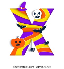 Happy Halloween X Alphabet Party Font Typography Character Cartoon Spooky Horror with colorful 3D Layer Paper Cutout Type design celebration vector Illustration Skull Pumpkin Bat Witch Hat Spider Web