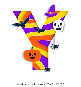 Happy Halloween Y Alphabet Party Font Typography Character Cartoon Spooky Horror with colorful 3D Layer Paper Cutout Type design celebration vector Illustration Skull Pumpkin Bat Witch Hat Spider Web