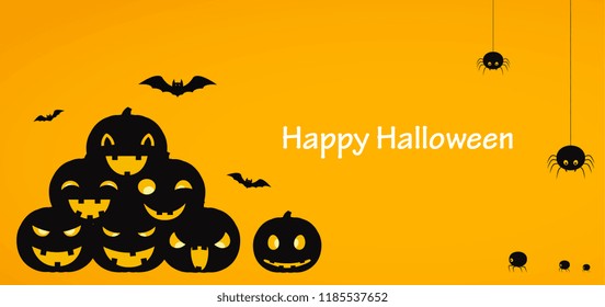 Happy Halloween. Yellow background or banner with pumpkins, descending spiders and bats.