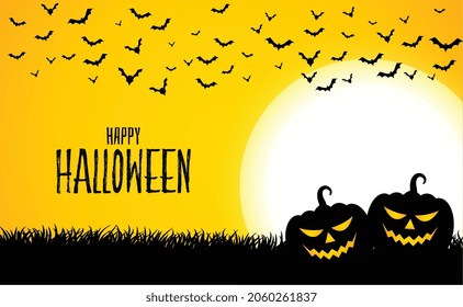 happy halloween yellow background with two pumpkins