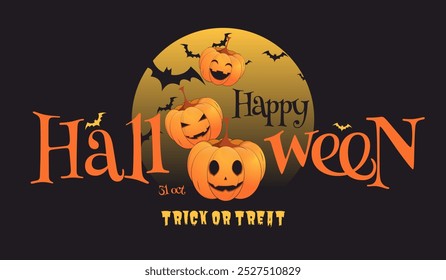 Happy Halloween yellow greeting card with pumpkin and bats	