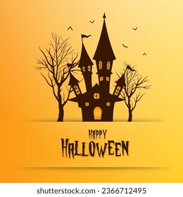 Happy halloween yellow invitation card background with wish text and flying bats above creepy tree and hunted house