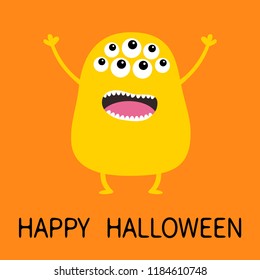 Happy Halloween. Yellow monster silhouette. Cute cartoon scary funny character. Baby collection. Eyse, tooth fang, tongue, hands up. Orange background Isolated. Flat design. Vector illustration
