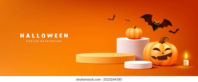 Happy Halloween yellow and white podium display design, pumpkins smile, bat flying, candle, banner on orange background, Eps 10 vector illustration