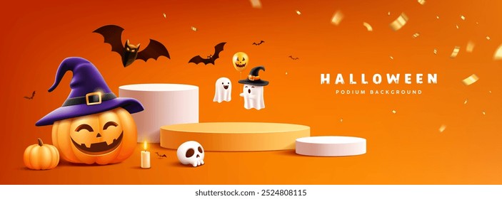 Feliz Halloween podio amarillo y blanco, sonrisa de sombrero de calabaza, murciélago volando, cráneo, vela, Anuncio sobre fondo naranja, Eps 10 Ilustración vectorial
