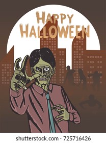 Happy halloween zombie attack hand drawn vector art