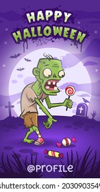 Happy Halloween. Zombie with candy lollipop. Halloween stories template. Scary night background with big glowing moon and bats. Vector illustration for halloween.