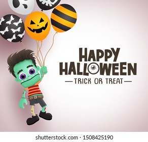 Happy halloween zombie character vector background template. Happy halloween trick or treat greeting text with space for message and scary zombie holding balloons in white background.