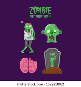 HAPPY HALLOWEEN ZOMBIE COLLECTION FLAT ILLUSTRATION. WALKING ZOMBIE, ZOMBIE HEAD, HUMAN BRAIN, AND ZOMBIE HAND CAME UP FROM GRAVE.