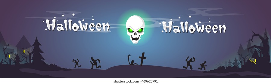 Happy Halloween Zombie Dead Skeleton Party Invitation Card Flat Vector Illustration