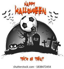 Happy Halloween. Zombie hand from the grave holding a soccer ball. Pumpkins, spooky tree, crosses, coffin and bats. Pattern for banner, poster, party invitation. Vector illustration