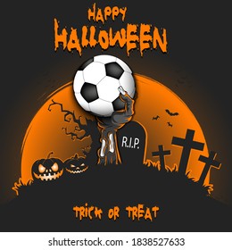 Happy Halloween. Zombie hand from the grave holding a soccer ball. Pumpkins, spooky tree, crosses, coffin and bats. Pattern for banner, poster, party invitation. Vector illustration