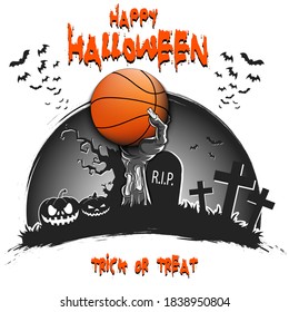Happy Halloween. Zombie hand from the grave holding a basketball ball. Pumpkins, spooky tree, crosses, coffin and bats. Pattern for banner, poster, party invitation. Vector illustration