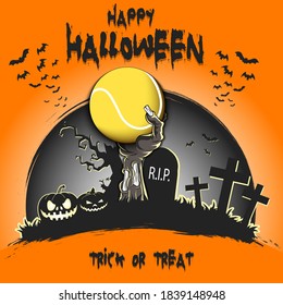 Happy Halloween. Zombie hand from the grave holding a tennis ball. Pumpkins, spooky tree, crosses, coffin and bats. Pattern for banner, poster, party invitation. Vector illustration