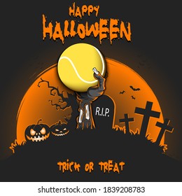 Happy Halloween. Zombie hand from the grave holding a tennis ball. Pumpkins, spooky tree, crosses, coffin and bats. Pattern for banner, poster, party invitation. Vector illustration