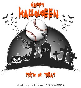 Happy Halloween. Zombie hand from the grave holding a baseball ball. Pumpkins, spooky tree, crosses, coffin and bats. Pattern for banner, poster, party invitation. Vector illustration