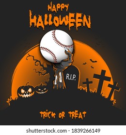 Happy Halloween. Zombie hand from the grave holding a baseball ball. Pumpkins, spooky tree, crosses, coffin and bats. Pattern for banner, poster, party invitation. Vector illustration