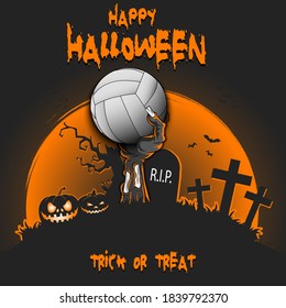Happy Halloween. Zombie hand from the grave holding a volleyball ball. Pumpkins, spooky tree, crosses, coffin and bats. Pattern for banner, poster, party invitation. Vector illustration