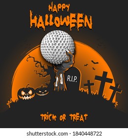 Happy Halloween. Zombie hand from the grave holding a golf ball. Pumpkins, spooky tree, crosses, coffin and bats. Pattern for banner, poster, party invitation. Vector illustration