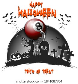 Happy Halloween. Zombie hand from the grave holding a billiard ball. Pumpkins, spooky tree, crosses, coffin and bats. Pattern for banner, poster, party invitation. Vector illustration
