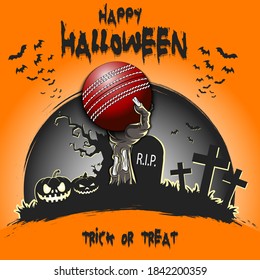 Happy Halloween. Zombie hand from the grave holding a cricket ball. Pumpkins, spooky tree, crosses, coffin and bats. Pattern for banner, poster, party invitation. Vector illustration