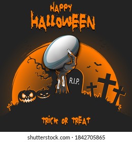Happy Halloween. Zombie hand from the grave holding a rugby ball. Pumpkins, spooky tree, crosses, coffin and bats. Pattern for banner, poster, party invitation. Vector illustration
