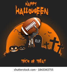 Happy Halloween. Zombie hand from the grave holding a football ball. Pumpkins, spooky tree, crosses, coffin and bats. Pattern for banner, poster, party invitation. Vector illustration