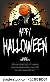 Happy Halloween. Zombie hand from the grave holding a basketball ball. Pumpkins, spooky tree, crosses, coffin and bats. Pattern for banner, poster, greeting card, invitation. Vector illustration