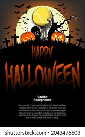 Happy Halloween. Zombie hand from the grave holding a tennis ball. Pumpkins, spooky tree, crosses, coffin and bats. Pattern for banner, poster, greeting card, invitation. Vector illustration