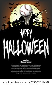 Happy Halloween. Zombie hand from the grave holding a baseball ball. Pumpkins, spooky tree, crosses, coffin and bats. Pattern for banner, poster, greeting card, invitation. Vector illustration