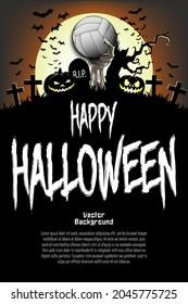 Happy Halloween. Zombie hand from the grave holding a volleyball ball. Pumpkins, spooky tree, crosses, coffin and bats. Pattern for banner, poster, greeting card, invitation. Vector illustration
