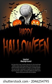 Happy Halloween. Zombie hand from the grave holding a volleyball ball. Pumpkins, spooky tree, crosses, coffin and bats. Pattern for banner, poster, greeting card, invitation. Vector illustration